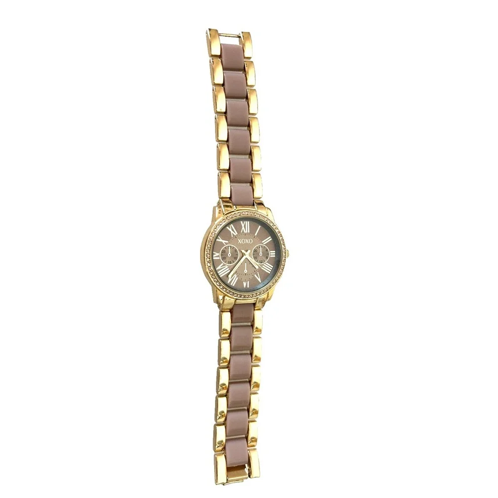 XOXO Women's Watch XO5873AZ Gold Tone Rhinestone Bezel Pink Link Band Accutime